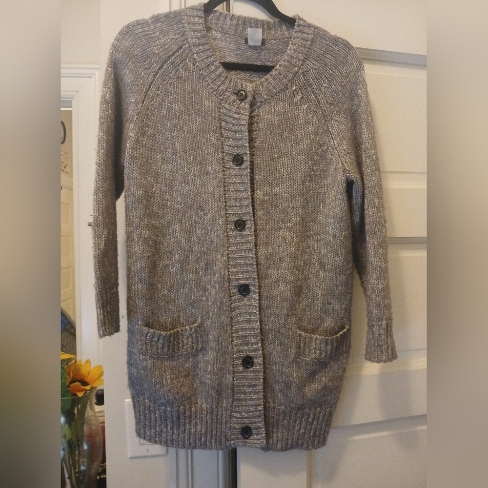 J. Crew Size M Gray Cable Knit Button Down Sweater Front Pockets 3/4 Sleeve